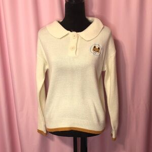 Cream Shibu Inu Embroidery Collared Knit Sweater